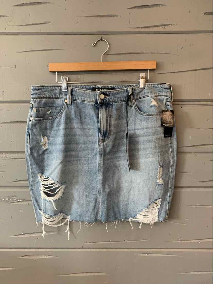 Light blue distressed denim skirt with frayed hem and front pockets, size 12.