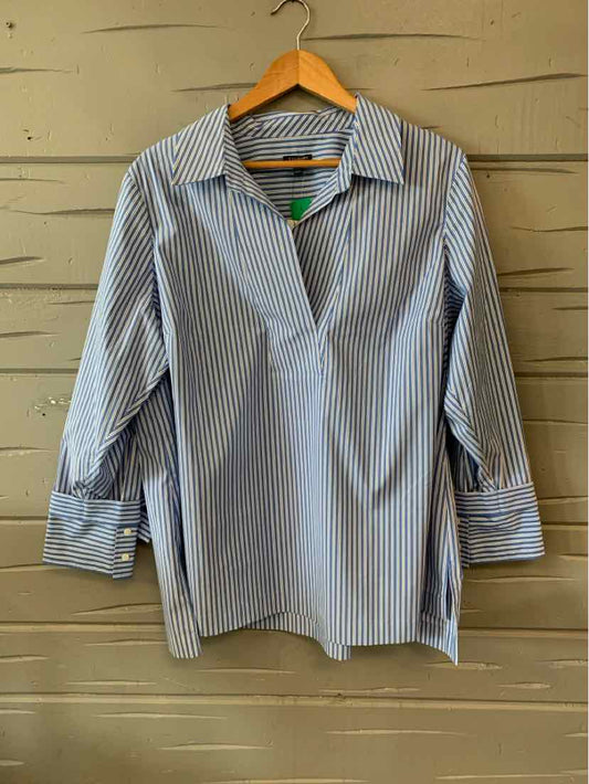 Blue and white striped long-sleeve blouse with collar and button cuffs, size 2XP.