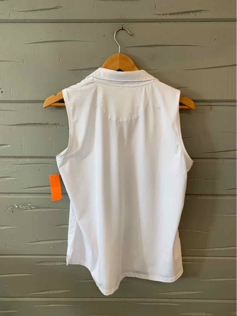 Sleeveless white blouse with a high collar, tailored fit, and smooth fabric hanging on wooden hanger.