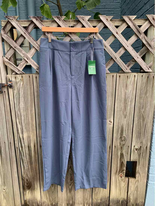 High-waist wide-leg navy blue pants with front pleats and belt loops hanging on wooden hanger outdoors.