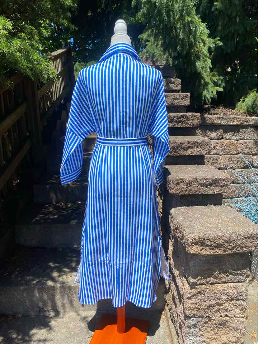 Blue and white vertical striped midi dress with long sleeves and a waist tie belt, viewed from the back.