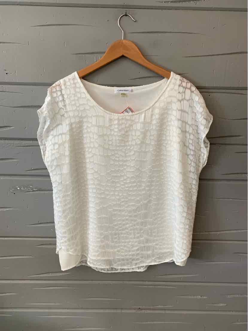 White short-sleeve blouse with textured horizontal stripes and round neckline, loose fit, size large.