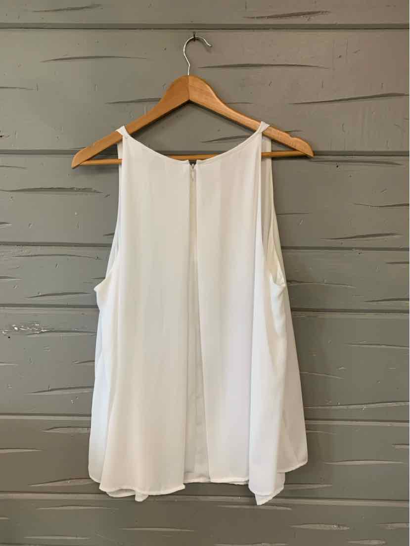 White sleeveless flowy blouse with back zipper and round neckline on wooden hanger.