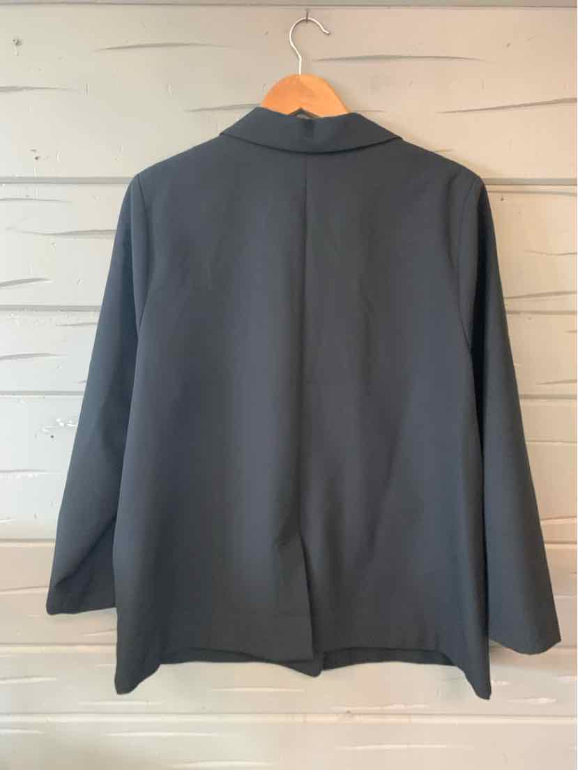 Black blazer with long sleeves, notch collar, and single vent at back, size XL.