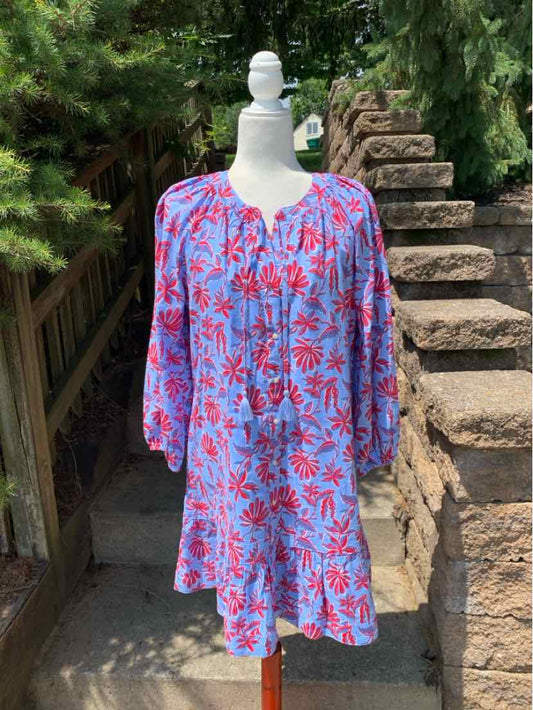 Blue floral knee-length dress with red flower patterns, long puffed sleeves, and a gathered neckline.