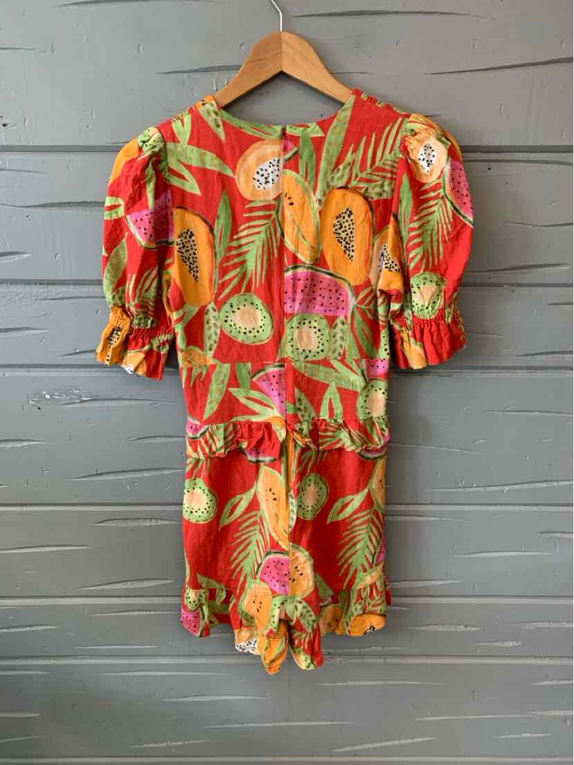 Red tropical print romper with puff sleeves and a cinched waist in size XS.