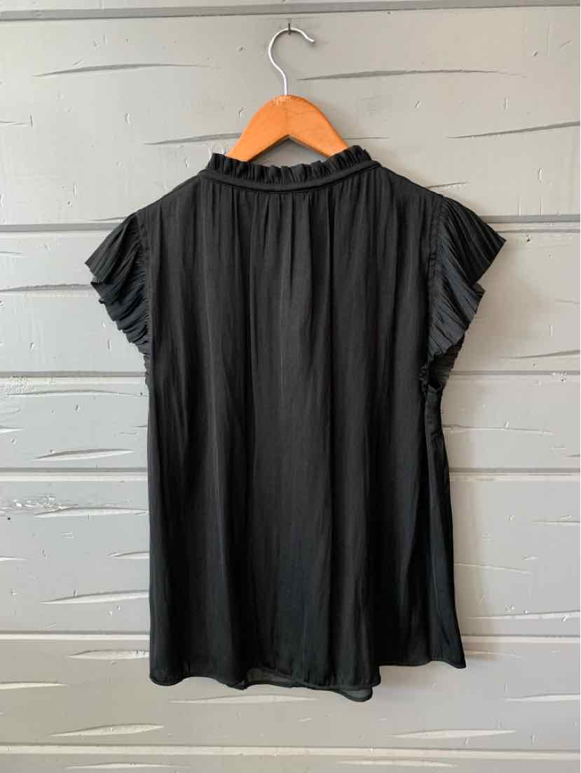 Black short-sleeve blouse with gathered collar and loose fit, size small.