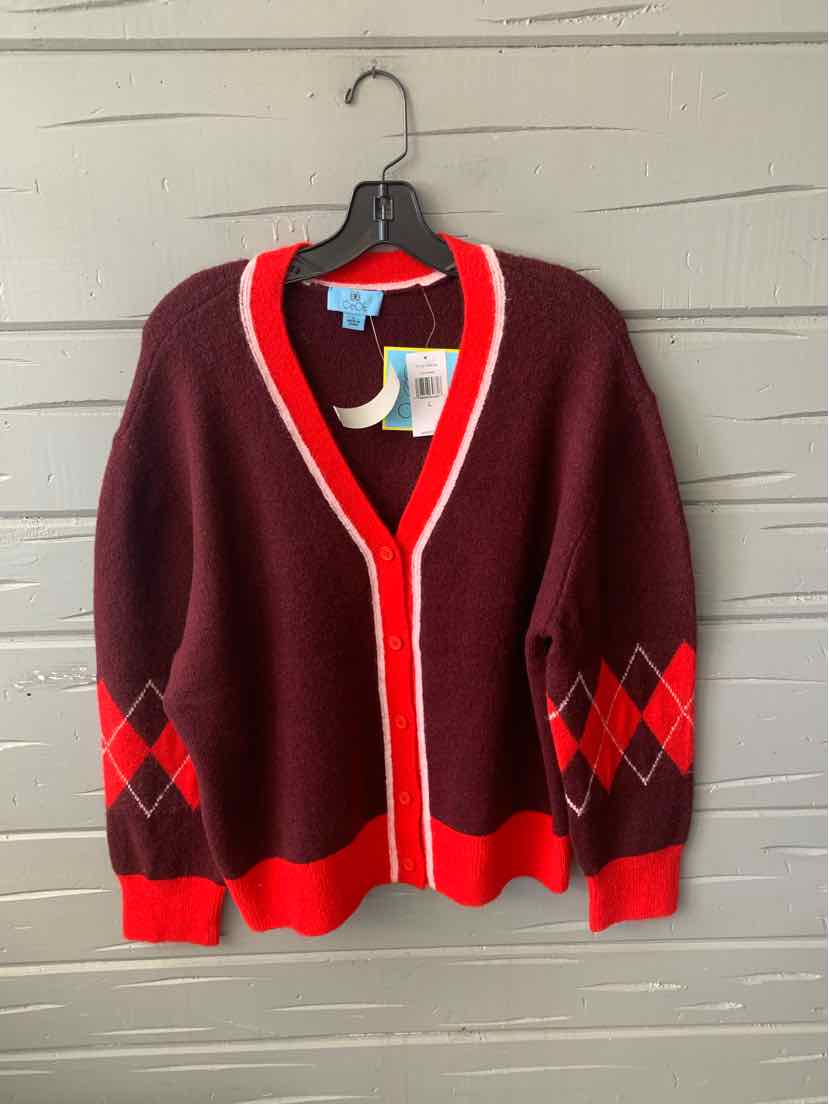 Burgundy cardigan with red and gray argyle pattern on sleeves and red trim along button closure and cuffs.