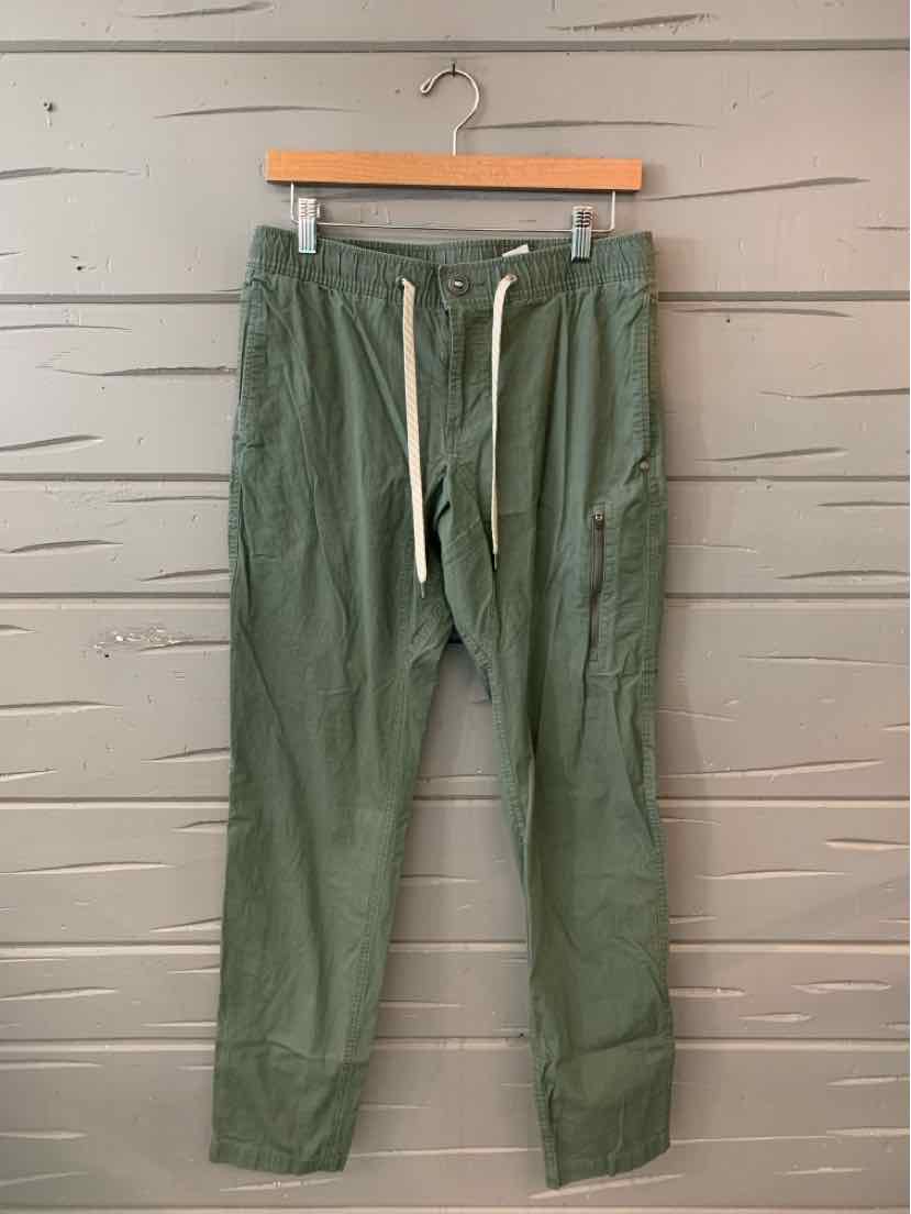 Olive green casual pants with white drawstring waistband and relaxed fit, size medium.