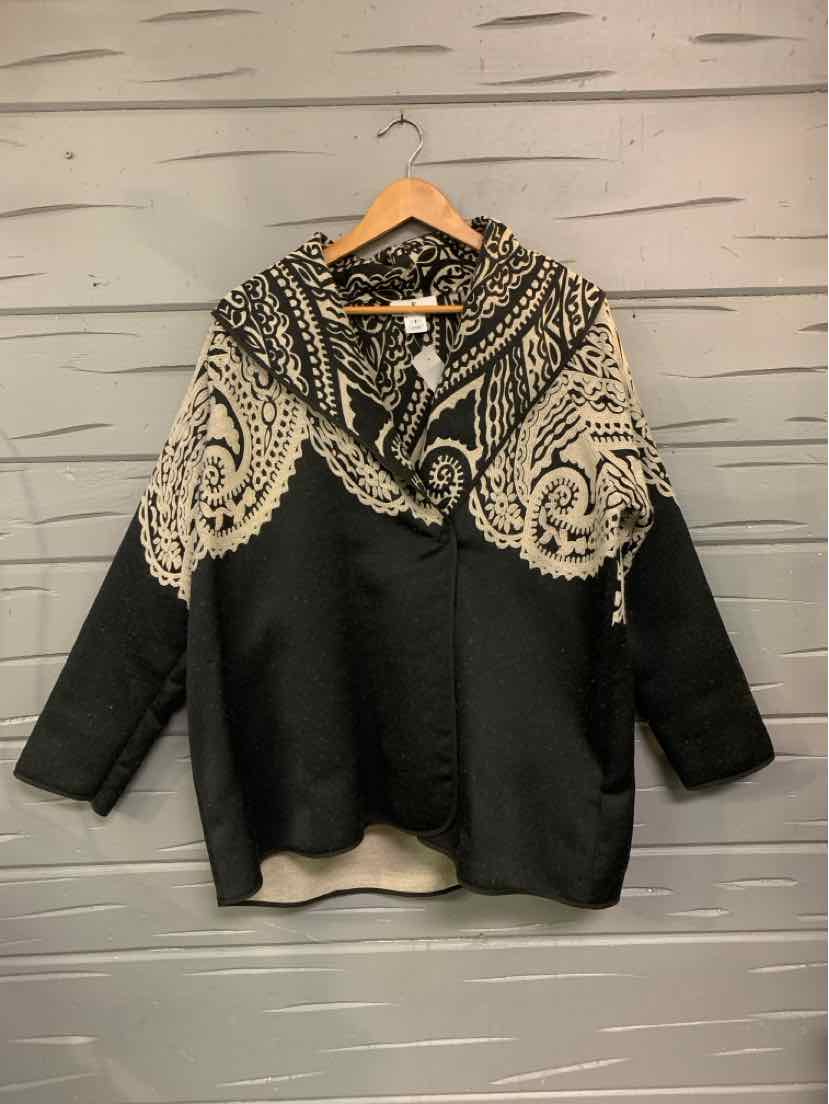 Black long-sleeve jacket with large beige paisley pattern on shoulders and collar.
