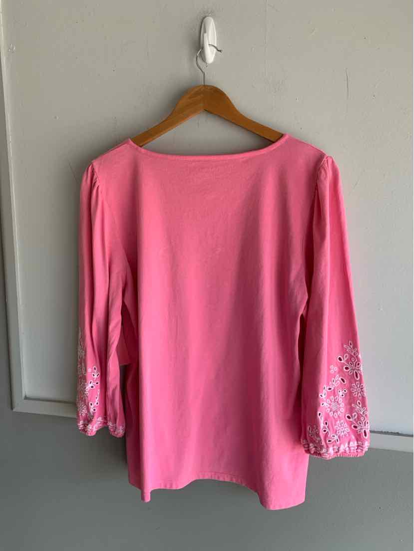 Pink long-sleeve top with boat neckline and floral lace cuffs on sleeves, size XL.