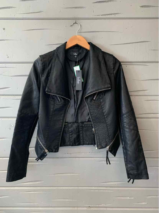 Black faux leather biker jacket with asymmetrical zipper and fitted waist in size small.