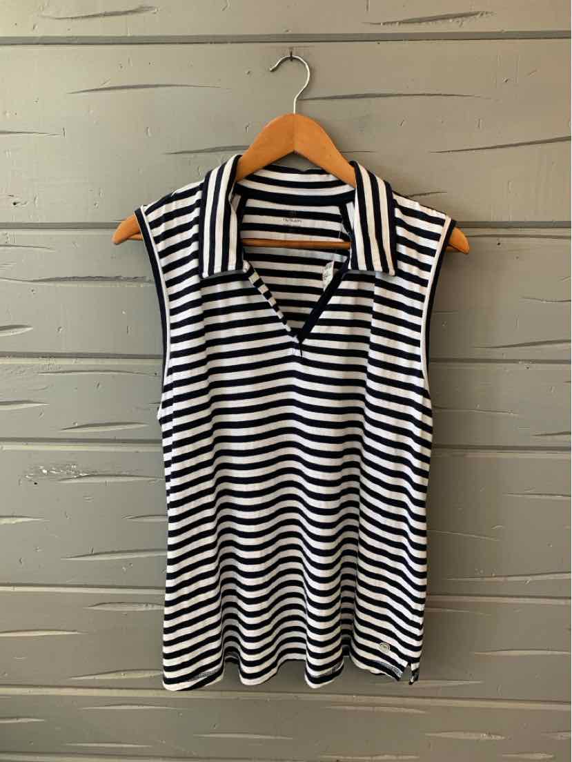 Sleeveless black and white horizontal striped polo shirt with collar and partial button placket, size XL.