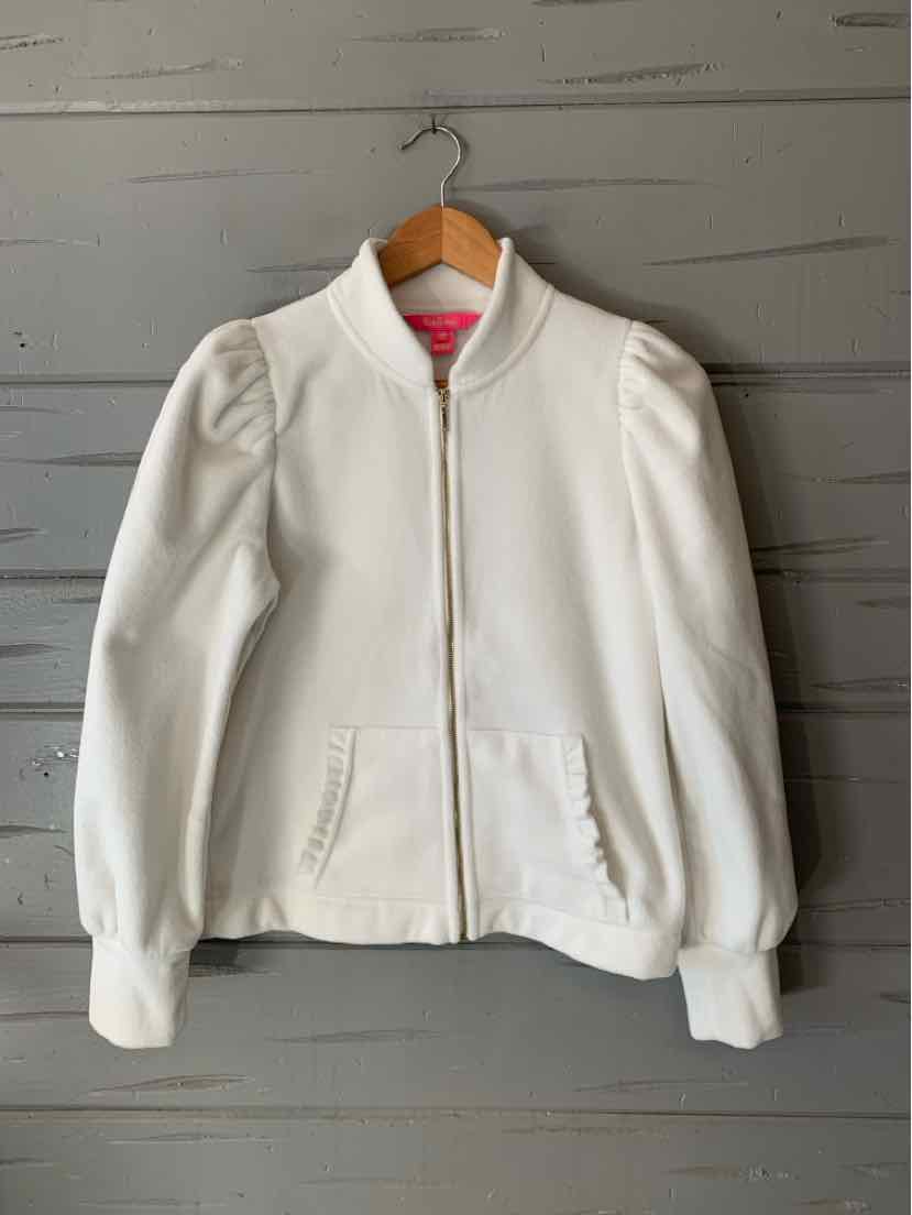 Ivory fleece bomber jacket with a gold-tone front zipper, ribbed collar and cuffs, and two front pockets.