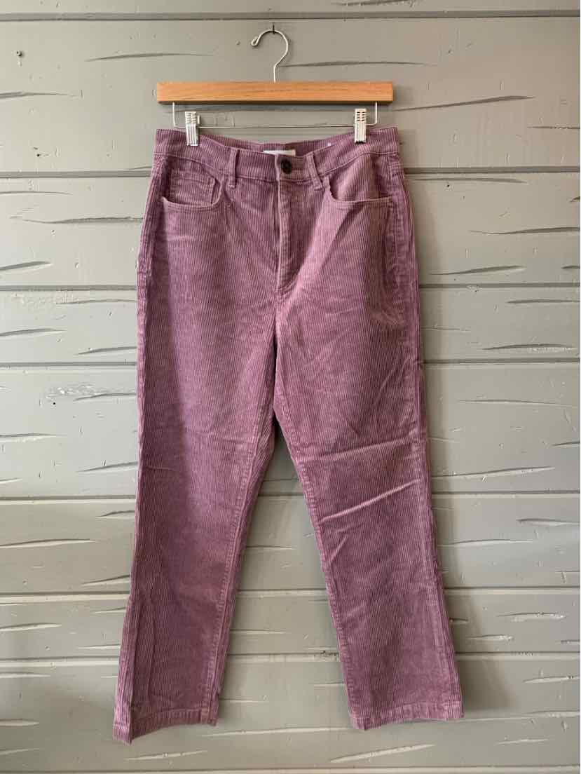 Purple corduroy pants with a high waist, front button and zipper, and straight legs.