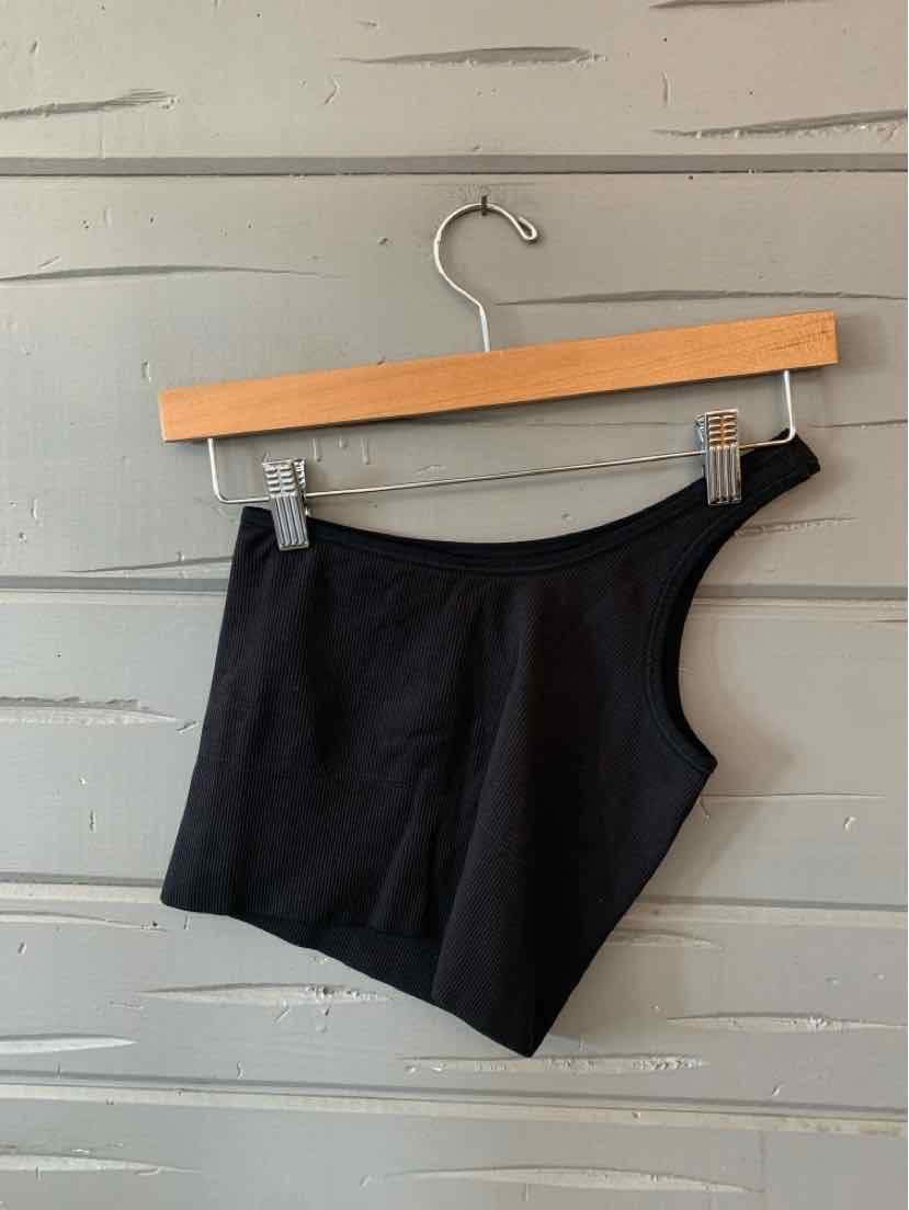 Black asymmetrical crop top with one shoulder strap, made of soft stretch fabric, size XXS.