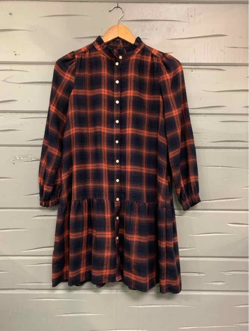 Black and orange plaid button-up dress with long sleeves and tiered skirt in extra small petite size.
