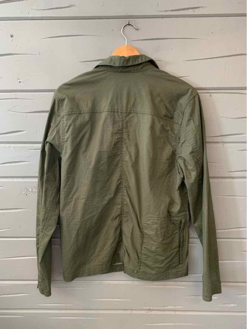 Olive green lightweight jacket with long sleeves and a simple collar hanging on a wooden hanger.
