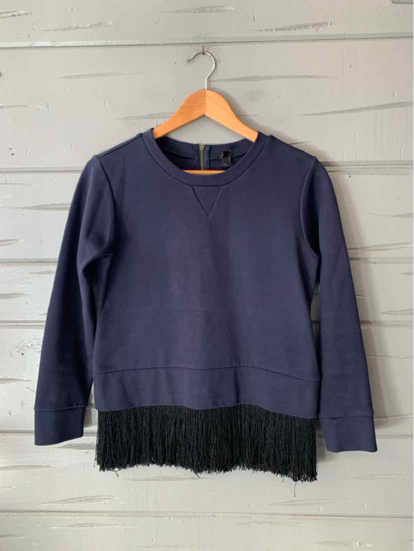 Navy blue J.Crew long-sleeve sweatshirt with a crew neck and black fringe hem.