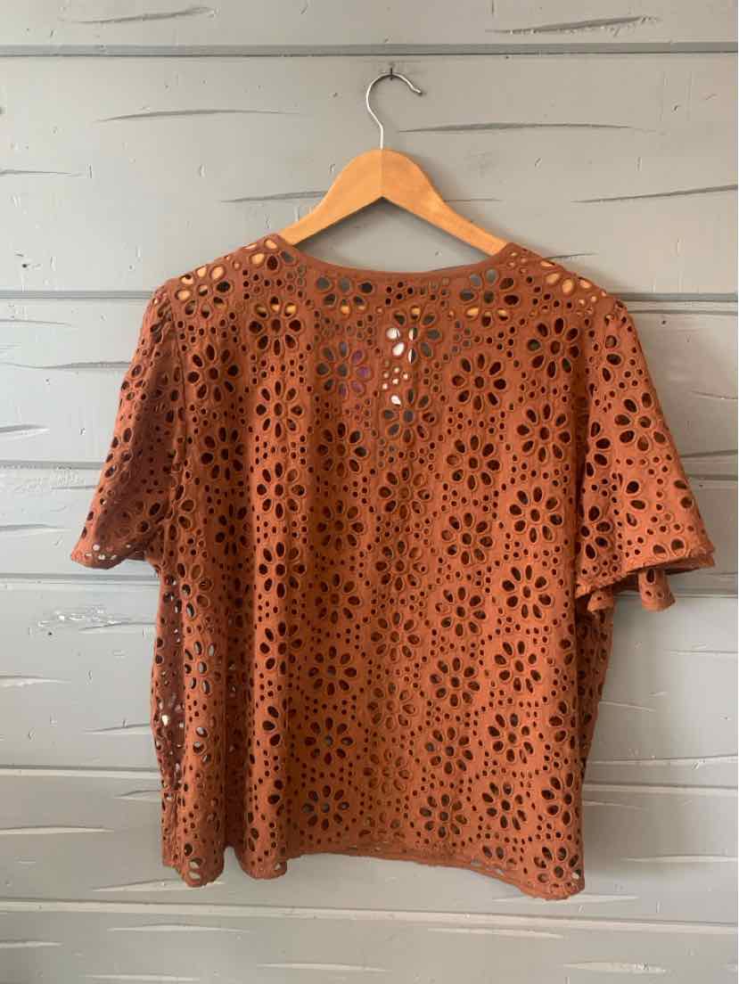 Tan short-sleeve eyelet blouse with floral cutout pattern, loose fit, and round neckline.