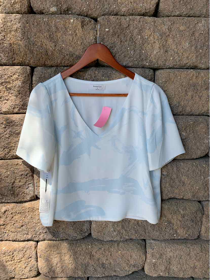 Light blue crop blouse with subtle white floral pattern and short sleeves on wooden hanger against stone wall.