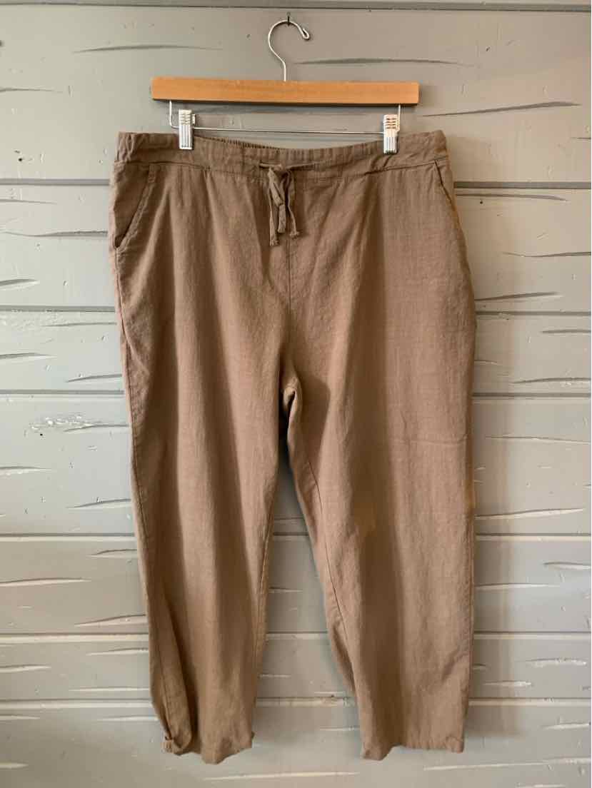 Brown casual drawstring pants with elastic waistband and tapered legs, size 2XL.