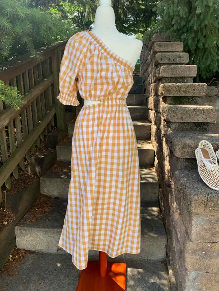 Tan and white gingham one-shoulder dress with puff short sleeve and cinched waist, XS size.
