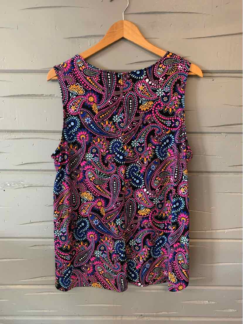 Sleeveless top with vibrant multicolor paisley pattern in purple, pink, orange, and blue, made of lightweight fabric.