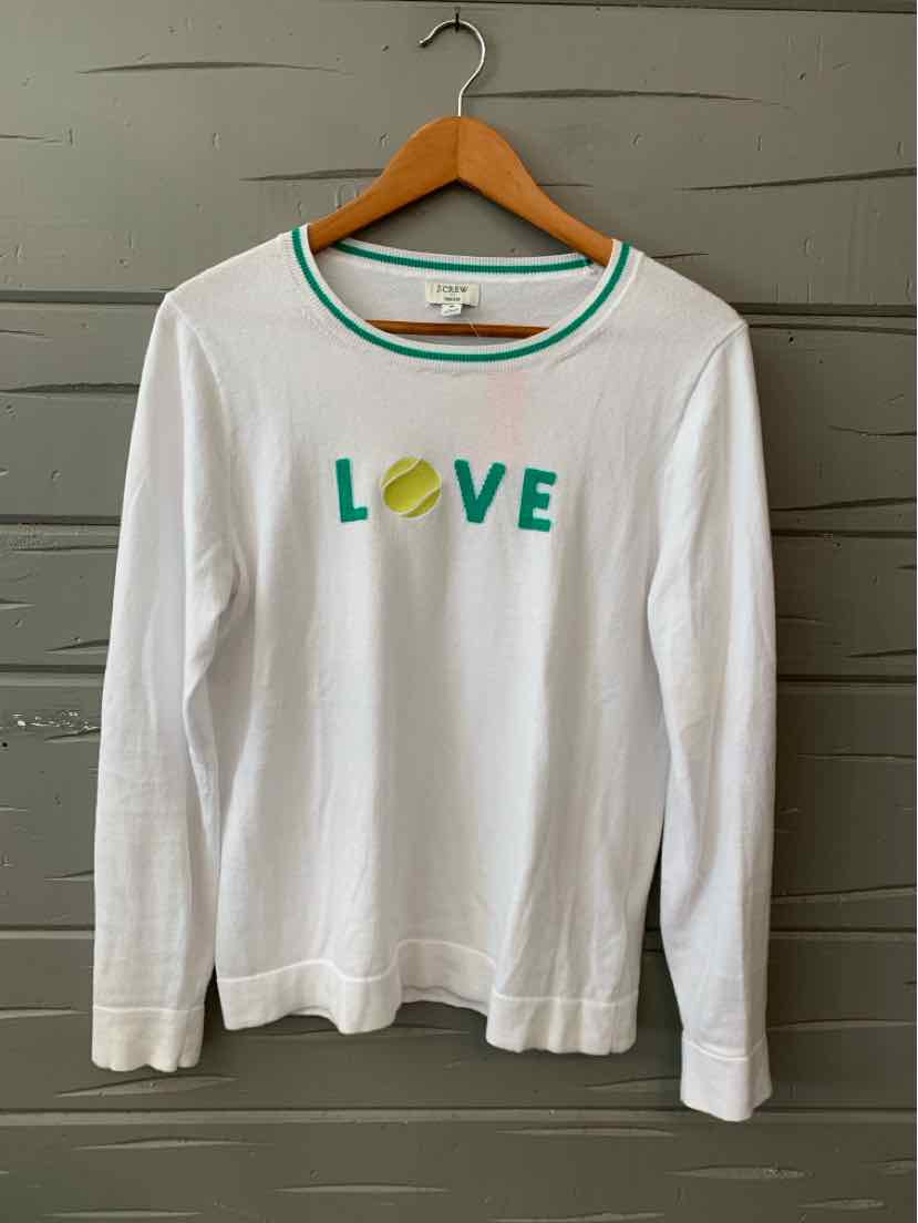 White long-sleeve cotton shirt with "LOVE" graphic and tennis ball design, green and yellow trim on collar.