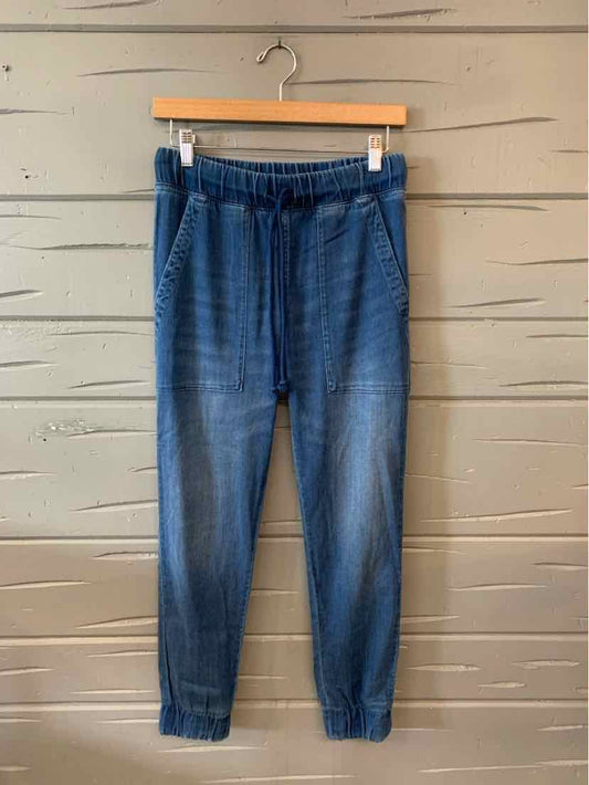 Light blue denim jogger pants with elastic waistband and cuffs, size XS.