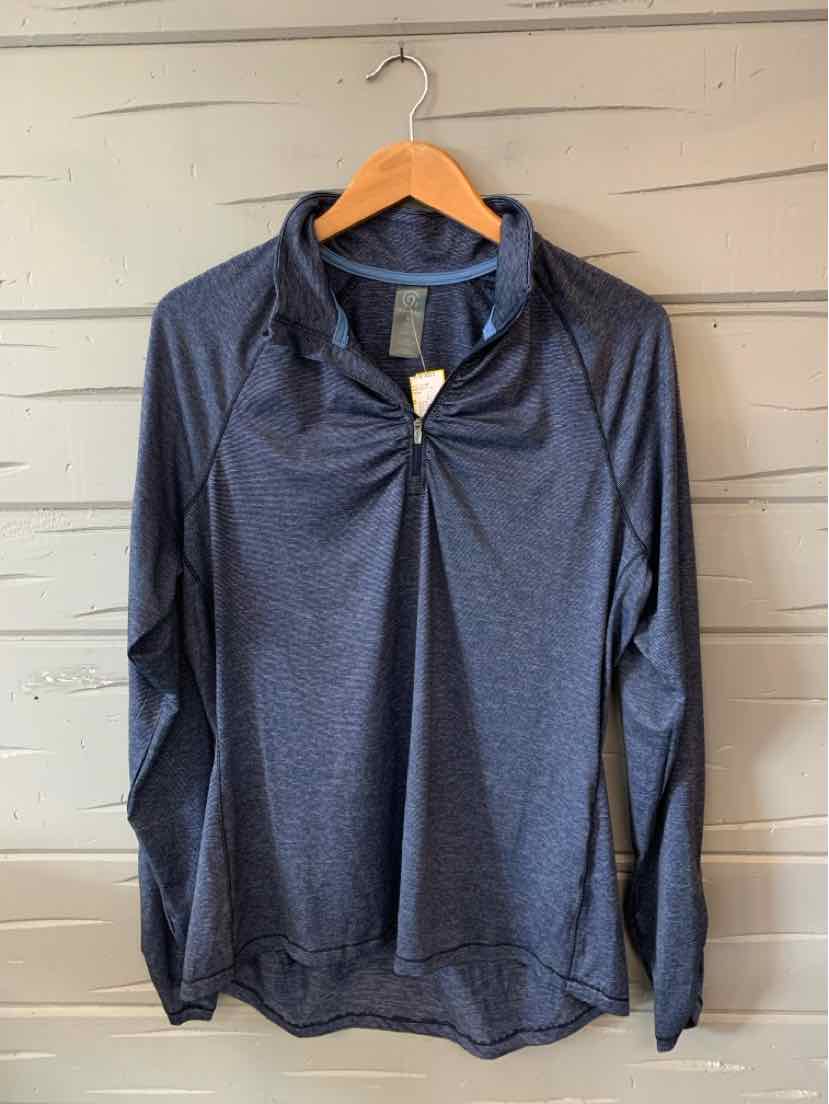Navy blue long-sleeve pullover with quarter-zip and stand collar, lightweight fabric.