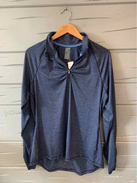 Navy blue long-sleeve pullover with quarter-zip and stand collar, lightweight fabric.