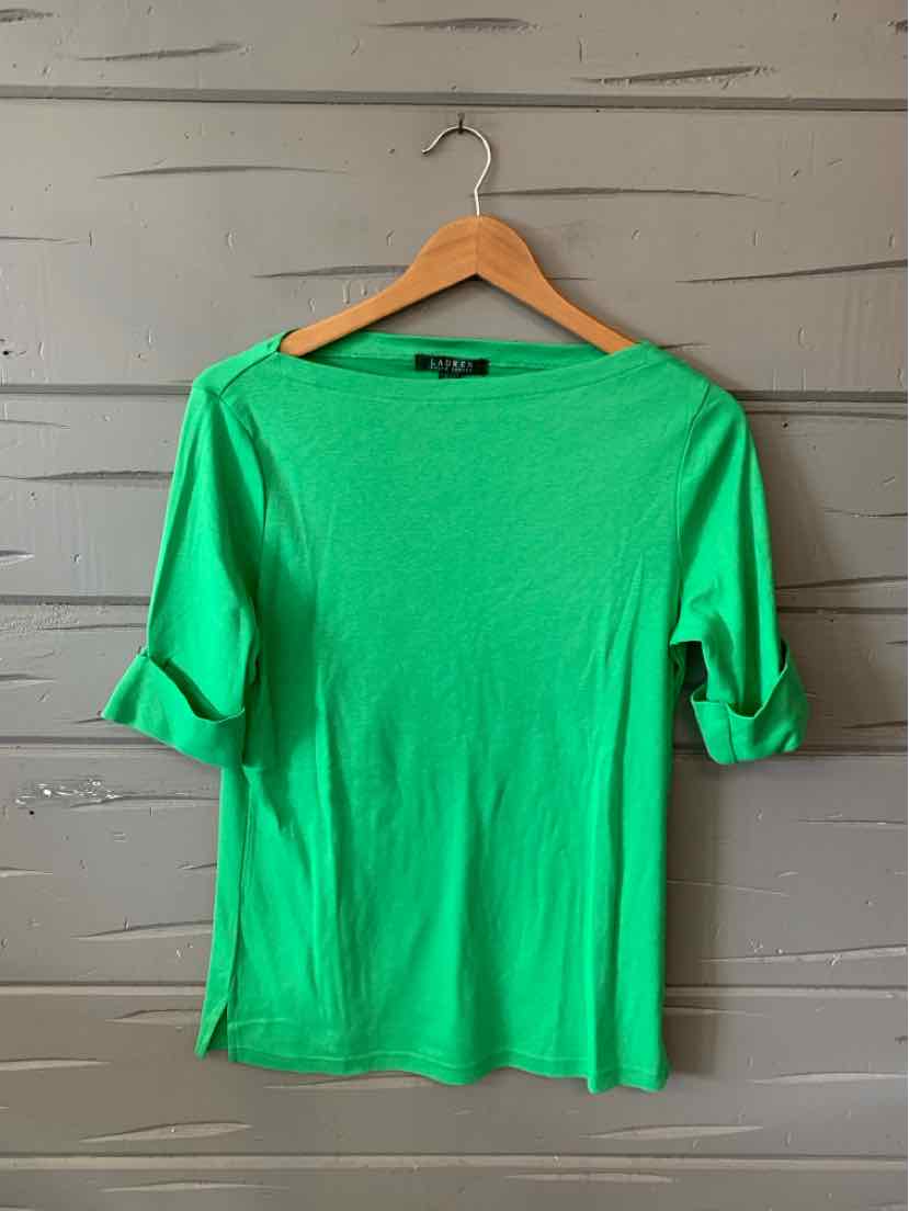 Bright green long-sleeve shirt with rolled cuffs and a boat neckline on a wooden hanger.