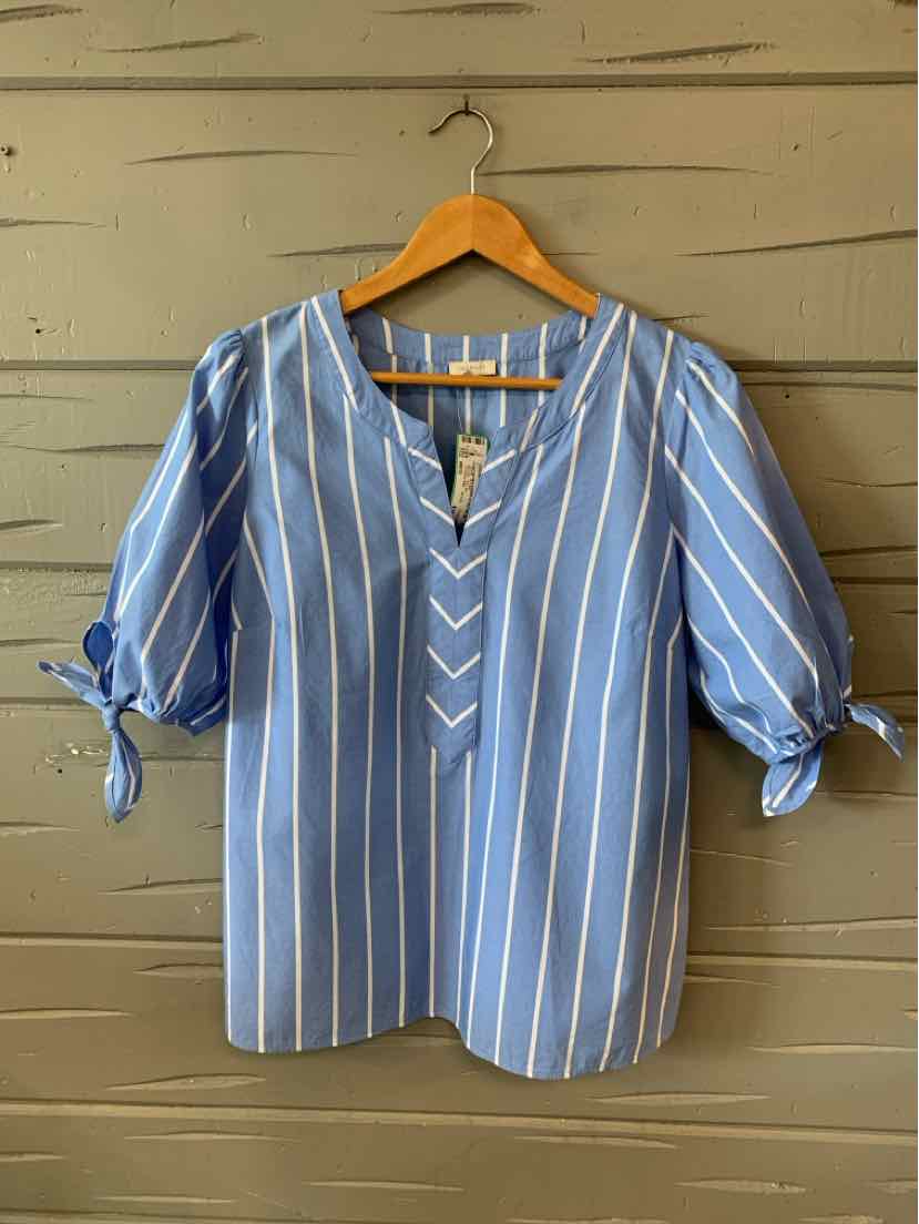 Blue and white striped blouse with tie sleeves and V-neck, size medium.