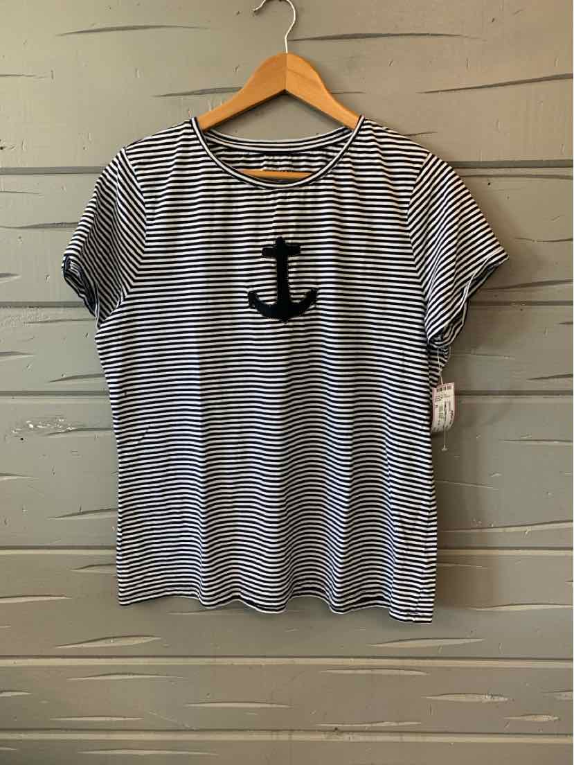 White and navy striped short-sleeve tee with black anchor graphic on front, size XL.