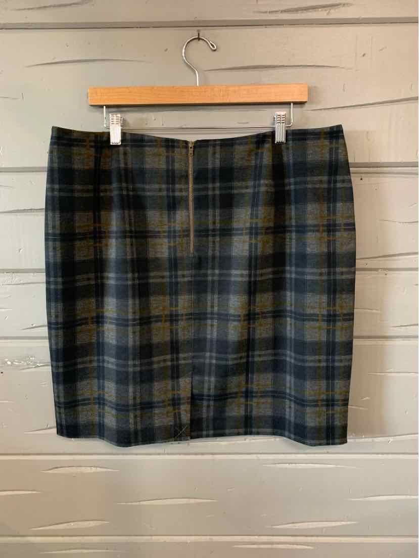 Gray plaid knee-length skirt with subtle yellow and dark blue stripes, straight silhouette.