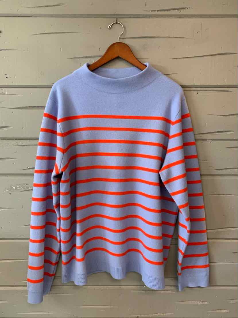 Light blue sweater with bright orange horizontal stripes, crew neck, and long sleeves, size XXL.