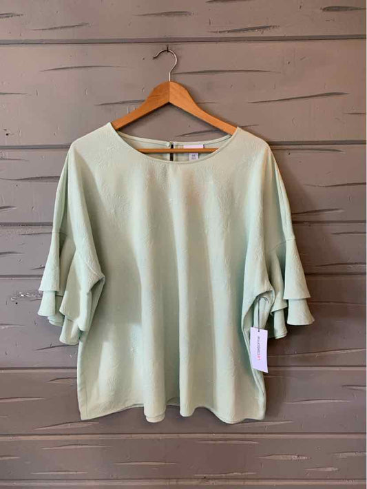 Light sage green blouse with round neckline and tiered ruffle sleeves, XXL size, hanging on wooden hanger.
