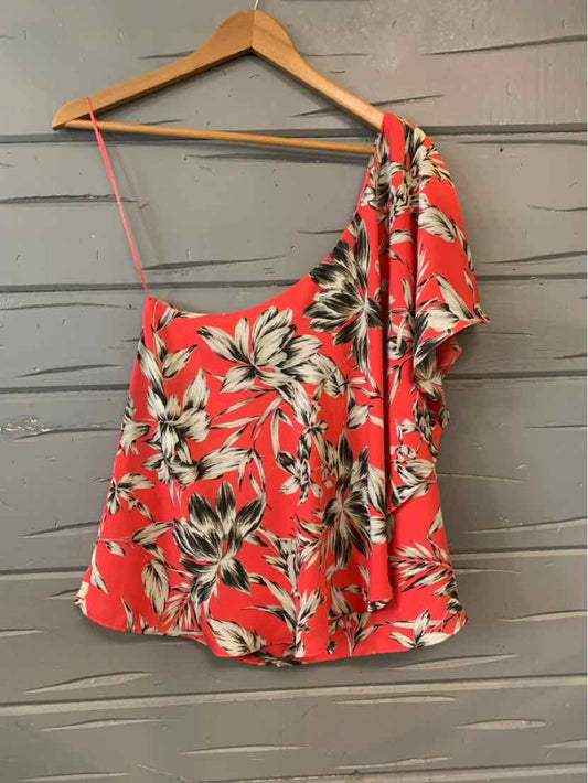 Red one-shoulder top with white and black floral print, lightweight fabric, size medium.