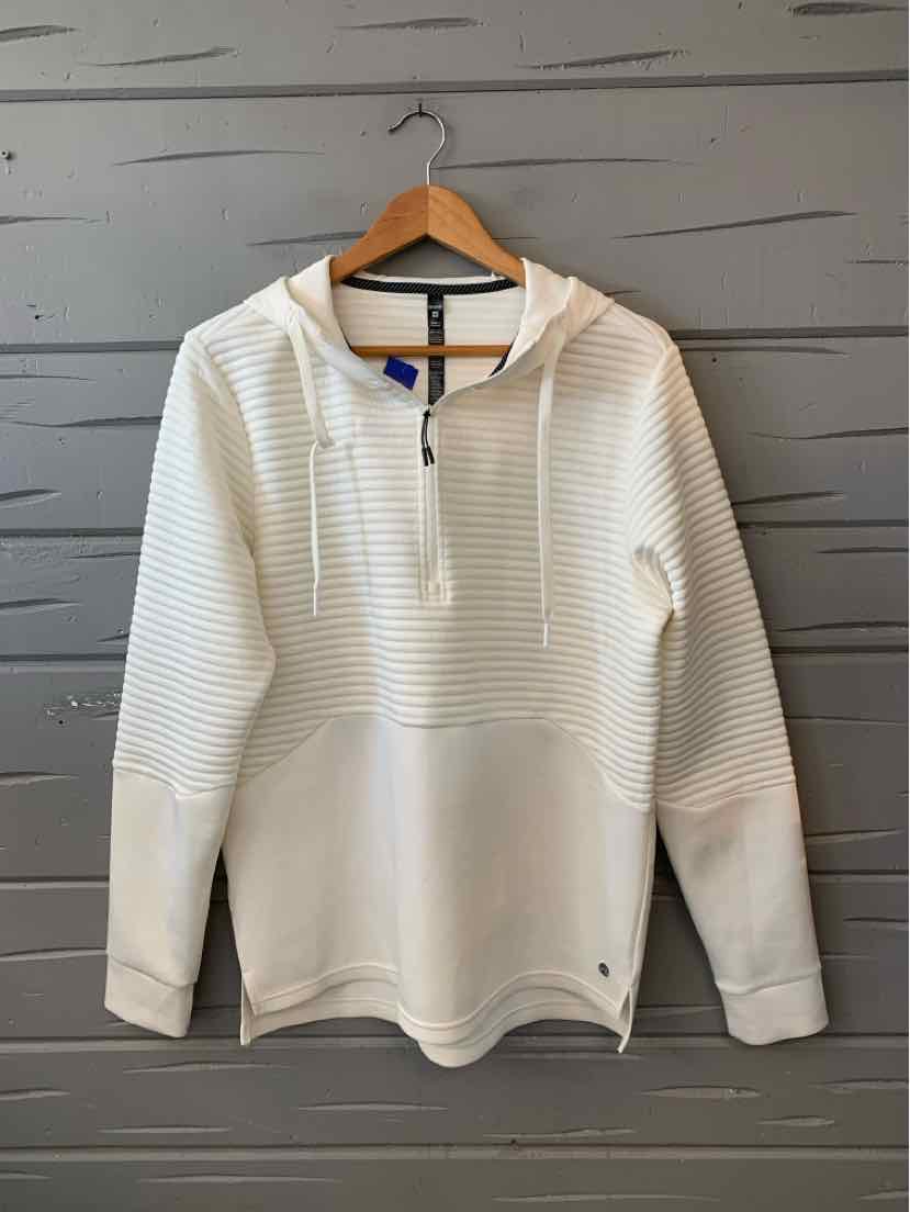 Cream-colored long-sleeve pullover with a short button placket, collar, and subtle horizontal stripe texture.