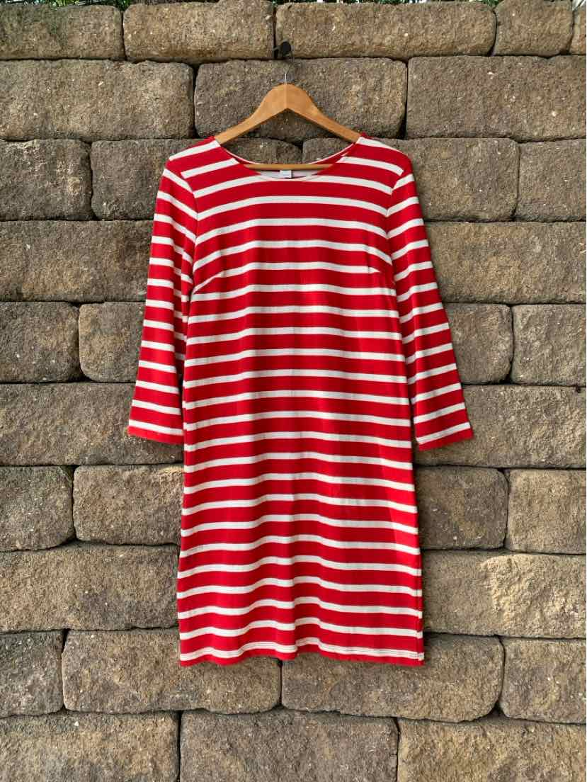 Red and white horizontal striped knee-length dress with three-quarter sleeves and a round neckline.