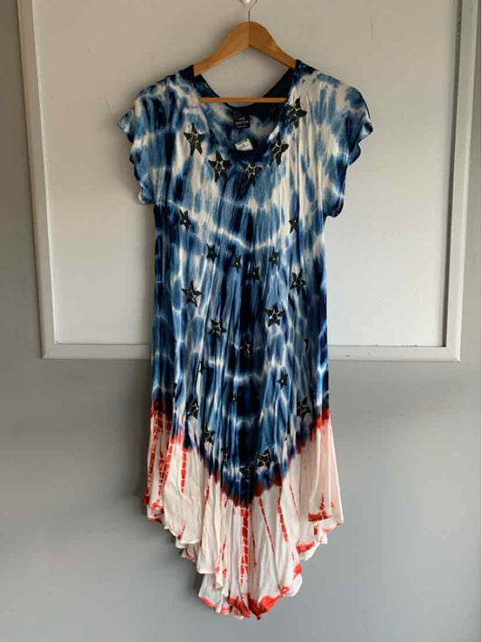 Blue and white tie-dyed dress with short sleeves and asymmetrical hem dipped in red at the bottom.