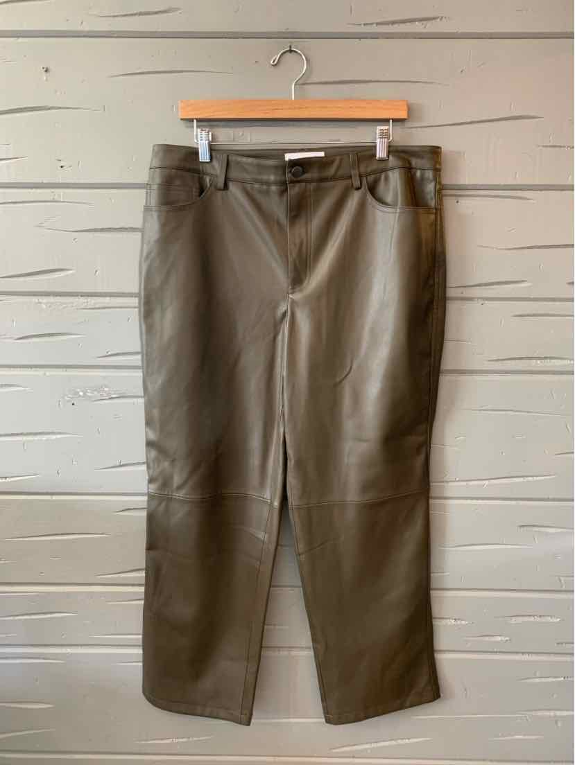Olive green faux leather straight-leg pants with front pockets and belt loops, size 12.