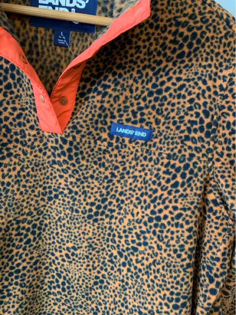 Long-sleeve collared shirt with brown cheetah print and coral orange inner collar and button placket, Lands' End logo patch.