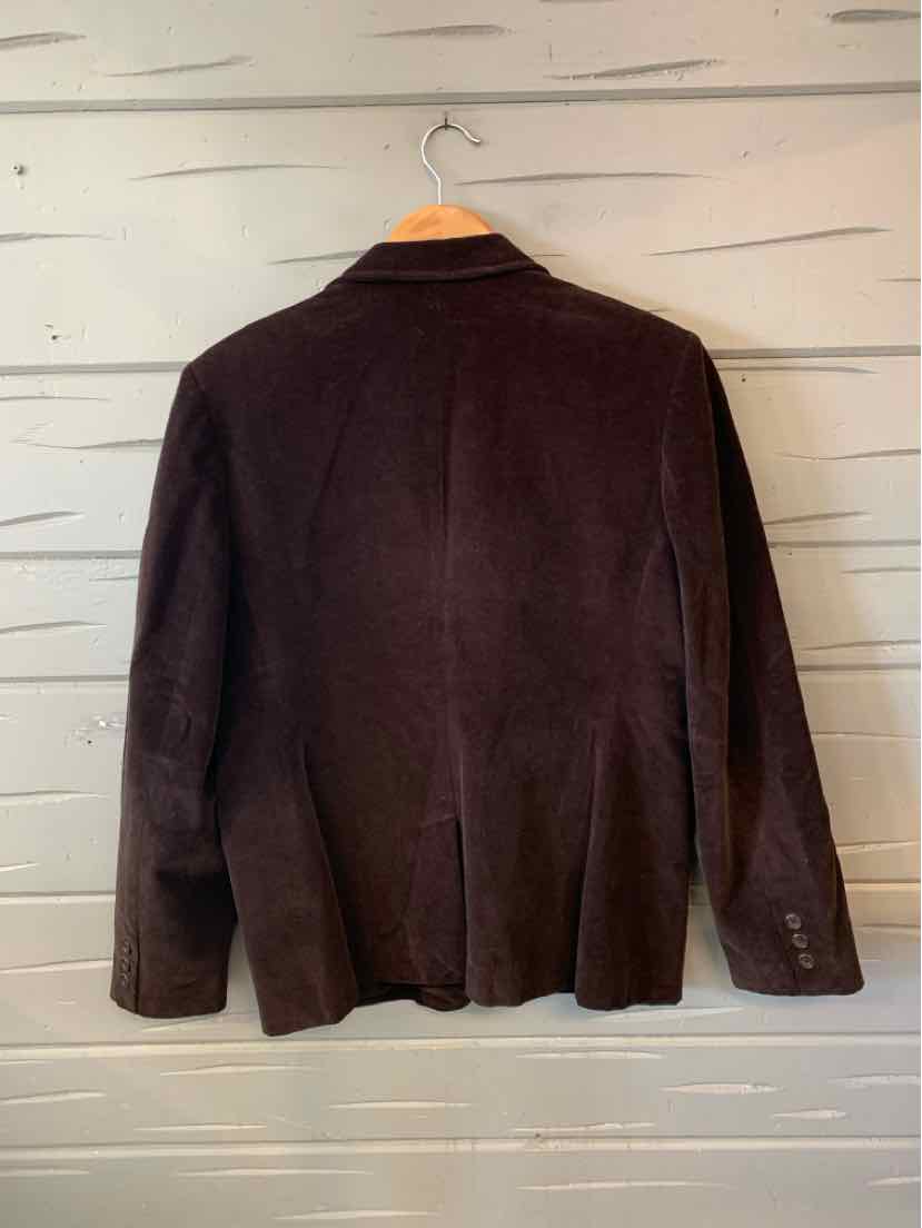 Dark brown corduroy blazer with tailored fit, long sleeves, and single vent at back.