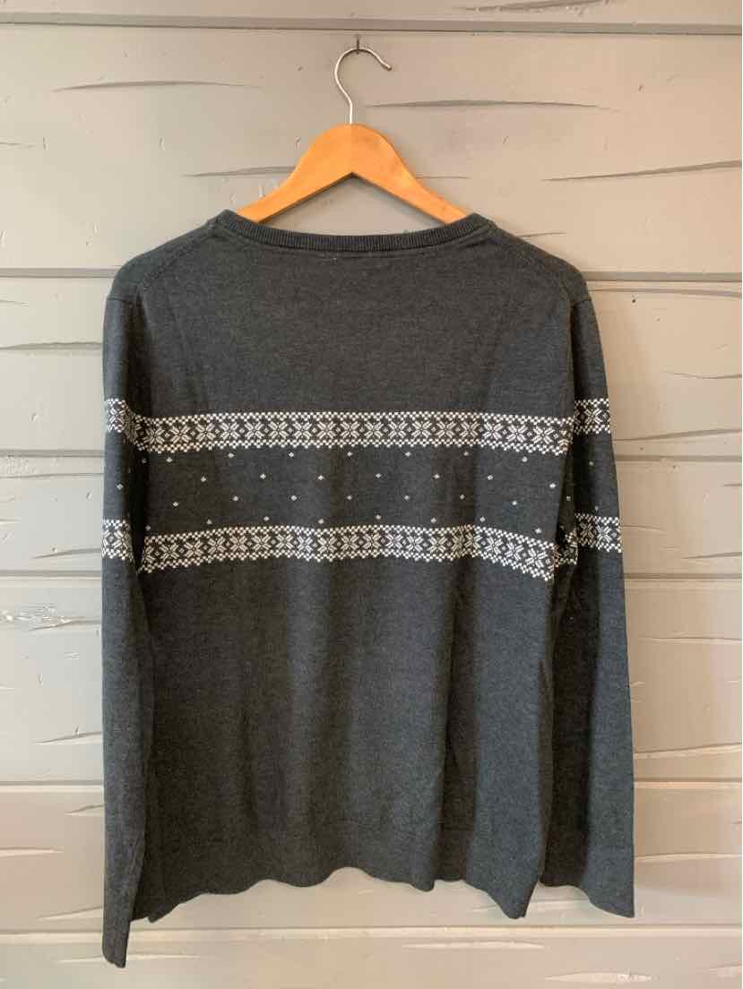 Charcoal gray long-sleeve sweater with white and gray patterned horizontal stripes across the chest and midsection, size XL.