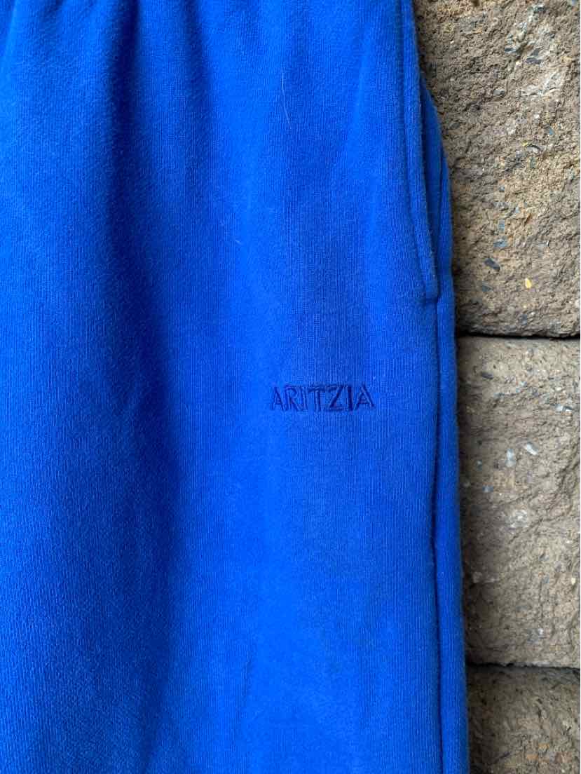 Bright blue soft fabric pant with ARITZIA logo embroidered near the pocket in matching thread.