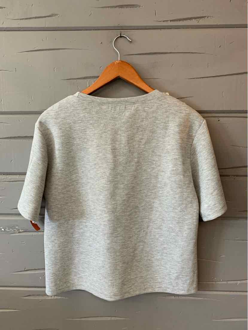 Light gray oversized short-sleeve sweatshirt with a crew neck on wooden hanger against a gray wooden wall.