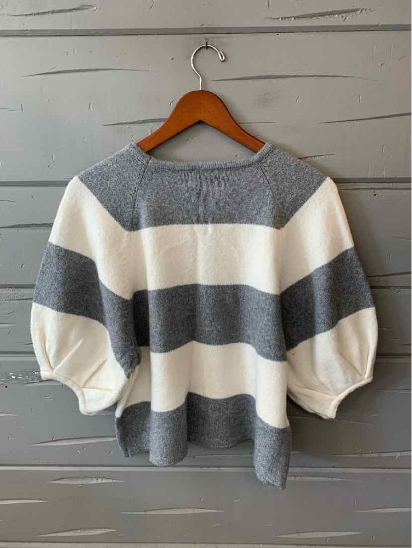 Women’s Old Navy gray and cream striped sweater with a boat neckline and three-quarter sleeves.