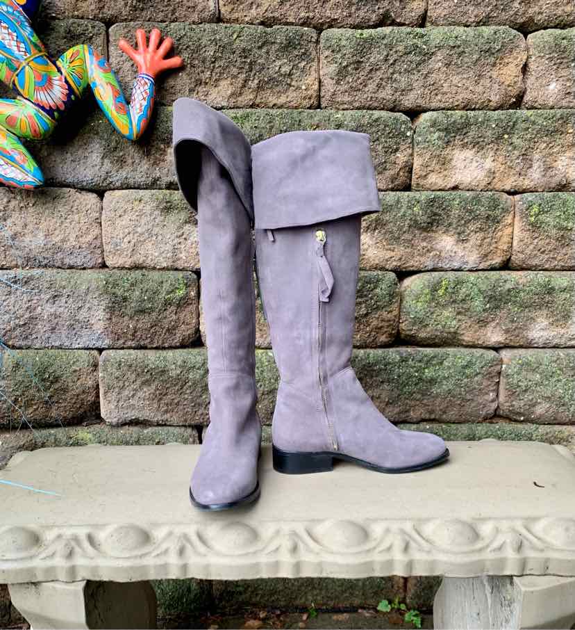 Gray suede over-the-knee boot with folded cuff and low block heel, size 38.